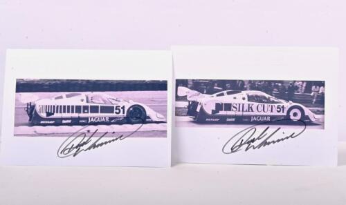 JAGUAR: Two black and white images of the SILK CUT Jaguar XJR-6 from various events. Both images signed by Derek Warwick