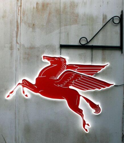 PEGASUS: A large decorative double sided metal reproduction sign of the iconic Mobilgas Pegasus neon in LED, with scrolled hanging wall bracket, 80cm high, 120cm wide
