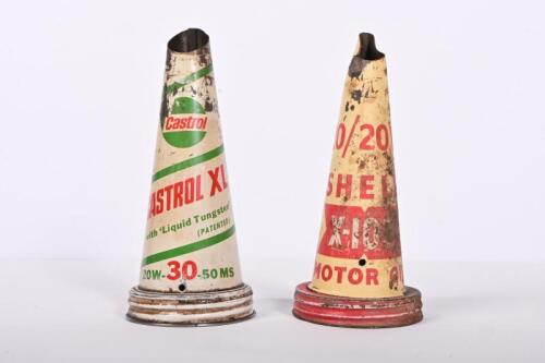 SHELL/CASTROL: Two metal oil bottle pourers&nbsp;for Shell X-100 (20/20) & Castrol XL (20/30).