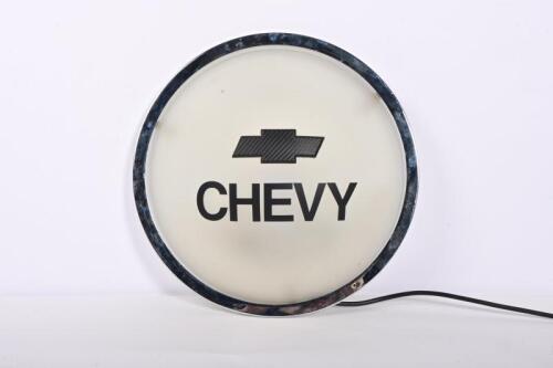 CHEVY: A modern frosted glass wall light with Chevy text and affixed logo to the face, 40cm diameter overall.