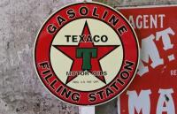 SIGNS: Three reproduction pressed tin oil advertising signs, diameter 27cm - 4