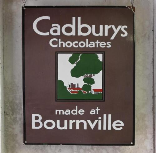 CHOCOLATE: An original early enamel sign advertising "Cadburys Chocolates made at Bournville" 50cm high x 40cm wide