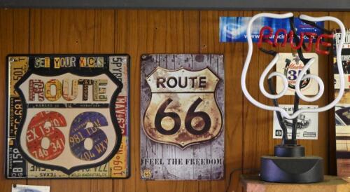 ROUTE 66: Three commemorative Route 66 items including tin signs and 240v neon light, light overall 38.5cm high.
