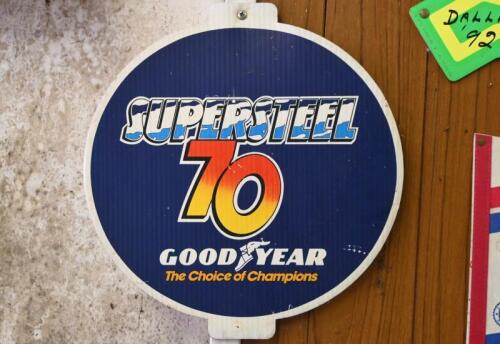 GOODYEAR: An original "Supersteel 70" corflute tyre advertising sign which insets in tyre in showroom, 38cm high x 36cm wide