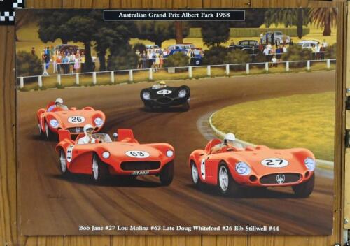 ALBERT PARK: A commemorative poster featuring Jane, Molina, Whiteford and Stillwell at the 1958 AGP, mounted on board, 49.5cm high x 68.5cm wide