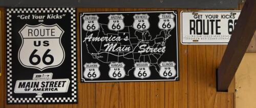 ROUTE 66: Three commemorative Route 66 tin signs, 43cm high