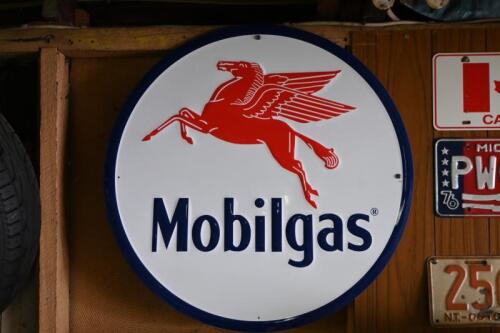 MOBILGAS: A large reproduction embossed tin sign, 59.5cm wide