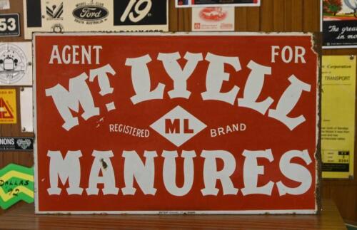 MT LYELL MANURES: An original antique double sided post enamel sign by Patent Enamel Co. Ltd B'HAM. "Agent for Mt Lyell Manures", 35.5cm high x 56cm wide.