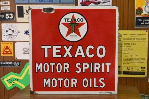 TEXACO: An original Australian double sided post mount enamel "Texaco Motor Spirit Motor Oil", stamped lower right "A.Simpson & Sons Ltp, Adelaide", 45.5cm high x 46cm wide