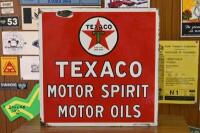 TEXACO: An original Australian double sided post mount enamel "Texaco Motor Spirit Motor Oil", stamped lower right "A.Simpson & Sons Ltp, Adelaide", 45.5cm high x 46cm wide