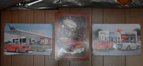 MUSTANG: Three modern novelty tin signs featuring Ford Mustangs in American settings, largest 29cm x 44.5cm