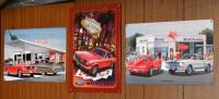 MUSTANG: Three modern novelty tin signs featuring Ford Mustangs in American settings, largest 29cm x 44.5cm - 2