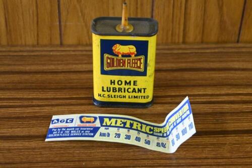 GOLDEN FLEECE: A small home lubricant oiler and Metric speed convertor sticker, some lose but present.