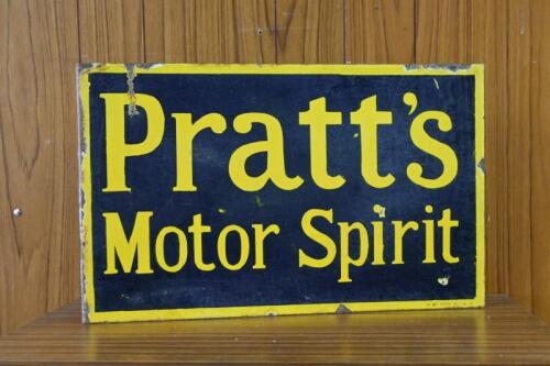 PRATT'S: An original antique double sided enamel post mount enamel sign for "Pratt's Motor Spirit", makers stamp indistinct, 33cm high x 53.5cm wide