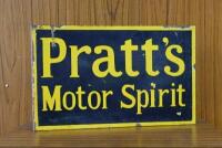 PRATT'S: An original antique double sided enamel post mount enamel sign for "Pratt's Motor Spirit", makers stamp indistinct, 33cm high x 53.5cm wide