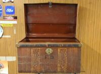 TRUNK: A larger circa 1950s metal steamer truck, with the initials on front "F.D", latch later, 43.5cm high x 71cm wide x 47cm deep