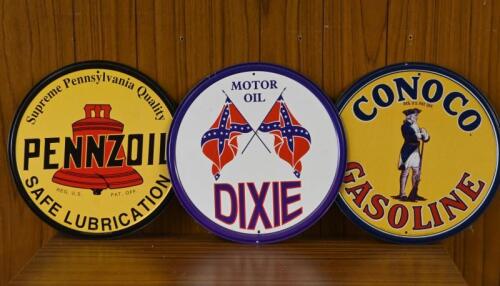 OIL: Three reproduction American oil advertising signs, 30cm diameter