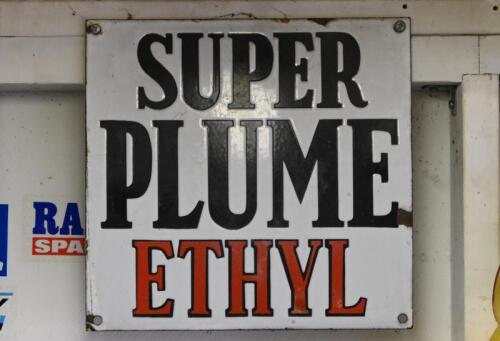 PLUME: An original Super Plume Ethyl enamel sign, 29cm high x 30cm wide