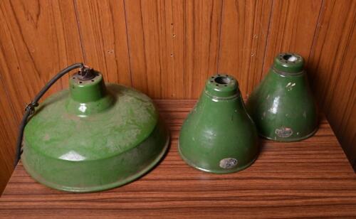 LIGHTS: Three mid-century green enamel metal lamps, largest 30cm diameter