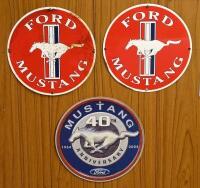 MUSTANG: Three reproduction metal Mustang signs, two enamel, 28.5cm diameter