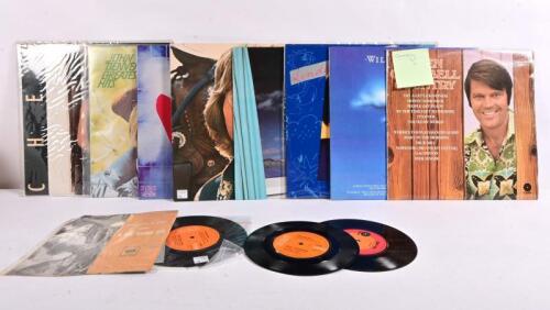 AMERICAN COUNTRY: Twelve records including eight LPs and four 45 RPM records featuring John Denver, Willie Nelson, Johnny Cash, Dolly Parton and others