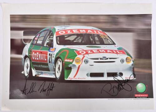 FORD: An Ozemail Ford publicity poster signed in black marker by driver Brad Jones and Allan Moffat, 42cm high, 59cm wide