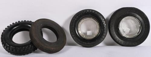 ASHTRAYS: Four rubber tyres, two with fitted glass ashtrays