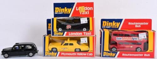 DINKY: Three Dinky toys vehicles including London Taxi, Routemaster Bus and Plymouth Yellow Cab all in their original boxes, purchased in USA in 1976, all in excellent condition