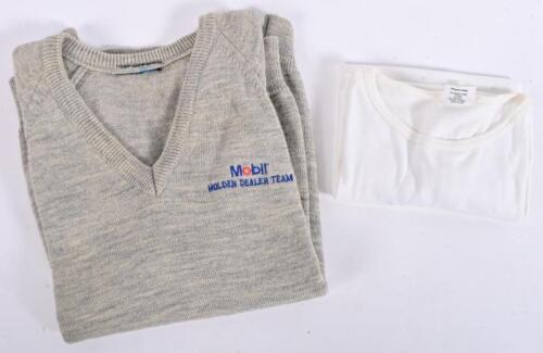 HDT: A Mobil HDT gray jumper, as per the 1987 merchandising catalogue code no 76000, label cut out, and a Mobil HDT white T-shirt, large size by Richee