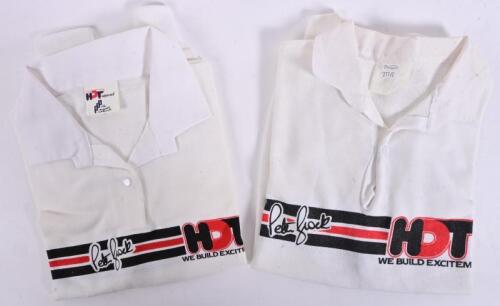 HDT: Two HDT white collared T-shirts by HDT apparel as per the 1986 merchandising catalogue, one NOS size S and one size 16, worn and washed