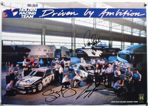 HDT: A 1996 double-sided fold-out poster signed by Peter Brock, Greg Murphy (left) and Craig Lowndes&nbsp;(right), 42 x 59cm