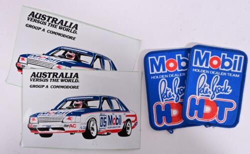 HDT: Two MHDT Peter Brock cloth badges and Two MHDT Commodore postcard stickers, 10 x 7.5cm and 10 x 15cm