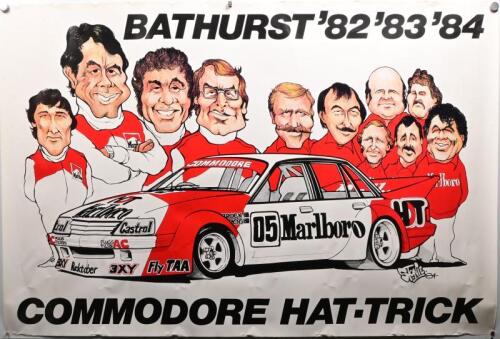 HDT: An original very large poster commemorating the commodore Bathurst Hat-trick, 1982,83 & 84, with caricature artwork by Stonie, 82 x 121cm