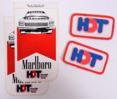 HDT: Two HDT cloth patches as per the 1986 merchandising catalogue code no 75306, and two Marlboro HDT stickers, 4.5 x 8cm and 14.5 x 8cm