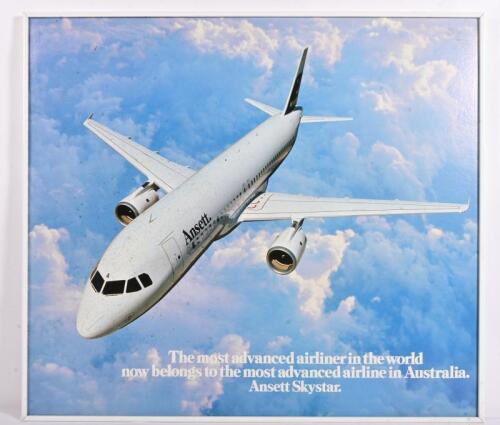 ANSETT: An original framed promotional poster for Ansett Skystar, in original frame, 80 x 79cm overall, badly peppered overall with small oil spots.