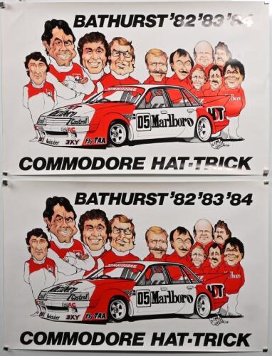 HDT: Two original small posters commemorating the commodore Bathurst Hat-trick, 1982,83 & 84, with caricature artwork by Stonie, 39.5 x 61cm