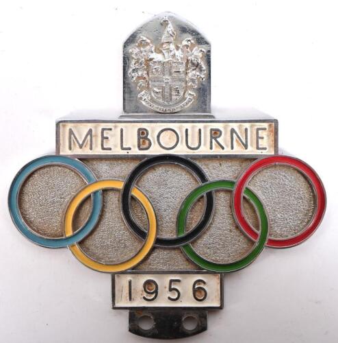 OLYMPICS: A Melbourne 1956 Olympics car badge, chromium nickel with colour enamel highlights to Olympic rings, badge manufactured by H.R. HOBSON PTY.LTD. MELB'