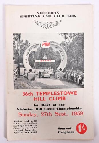 TEMPLESTOWE: A Sunday, 27th Sept., 1959 '36th TEMPLESTOWE HILL CLIMB - 1st Heat of the Victorian Hill Climb Championship' Souvenir Program, as prepared by VICTORIAN SPORTING CAR CLUB LTD, 32 page