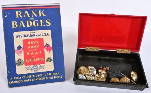 MILITARY BADGES/BUTTONS: A collection of military badges and buttons including 'AUSTRALIAN COMMONWEALTH MILITARY FORCES', 'ROYAL AUS. NAVY' badges, together with gold military buttons predominantly by Stokes & Sons, Melbourne, most with crown and gun insi