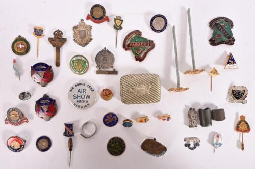 BADGES/MEDALLIONS: An assortment of early badges medallions relating to clubs, schools and others, together with stainless silver snuff box