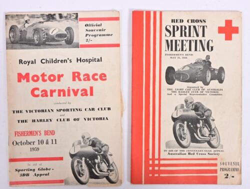 FISHERMANS BEND: Two Souvenir programmes from Fishermans Bend including 'RED CROSS SPRINT MEETING' Programme from May 31, 1959, 48 pages, as prepared by The Light Car Club of Australia/The Harley Club of Australia, with 'Royal Children's Hospital - Motor 