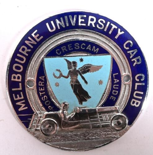 M.U.C.C: A 'MELBOURNE UNIVERSITY CAR CLUB' car badge, nickel chromium, with enamel inserts, 'POSTERA CRESCAM LAUDE' emblem to centre of badge