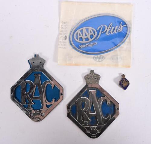 RACV: A collection of RACV and AAA Plus Michigan car badges including two RACV badges on blue mounting by Stokes, one lacking crown finial, with smaller brass RACV clip bade, numbered '879' to reverse, together with 'AAA Plus Michigan' plastic badge