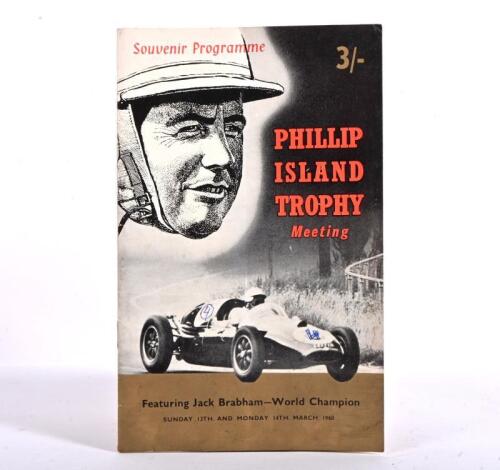 BRABHAM: A Souvenir Programme from 'PHILLIP ISLAND TROPHY Meeting - Featuring Jack Brabham - World Champion', Sunday 13th. and Monday 14th March 1960, 64 pages; pen wiring to front cover, some programme pages.