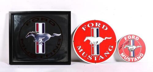 MUSTANG: Three Ford mustang items including two 'FORD MUSTANG' signs, smaller sign with signature, diameter of 18.5cm, together with 'FORD MUSTANG' stenciled mirror