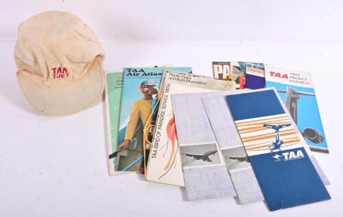 TAA: A quantity of T.A.A related material including TAA T JET cap, TAA route maps, passenger ticket, 'Trans-Australia Airlines - the first 21 years' company information booklets, 'TAA BIRD OF PARADISE SERVICE MENU', In-Flight Information Guides