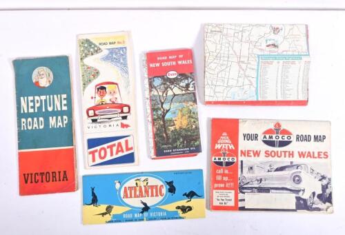 ROAD MAPS: A collection of six road maps including 'NEPTUNE ROAD MAP - VICTORIA', 'ATLANTIC - ROAD MAP OF VICTORIA', Nineteenth edition, 'TOTAL, ROAD MAP No.2, VICTORIA', 'AMOCO ROAD - NEW SOUTH WALES', and others
