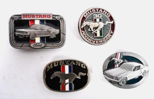 MUSTANG BELT BUCKLES: Four 'MUSTANG' belt buckles by various buckle manufacturers, some with number stamps to reverse