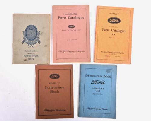 FORD: A group of five Ford Instructions Books and Parts Catalogues, predominantly for the Model "A", 1930's "MODEL Y" and MODEL "A" "AA" and "AAC" Parts Catalogues by Ford Australia