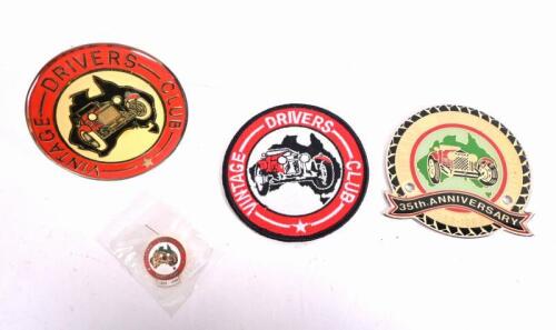 V.D.C: Four Vintage Driver's Club metal and cloth badges including 'VINTAGE - DRIVERS - CLUB, 35TH. ANNIVERSARY 1958-1993' badge; largest measures approximately 7.5cm in diameter